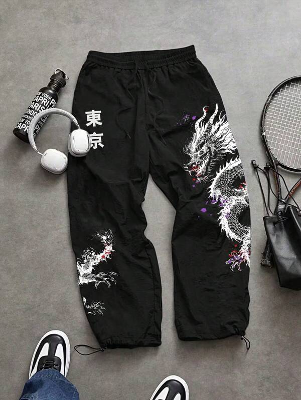 Manfinity Sport Corelite Men's Dragon Print Drawstring Waist Sports Pants Fall Breathable Sweat-Wicking Lightweight Comfortable Wide Leg Minimalist Design Slim Fit For Workout Casual Gymwear