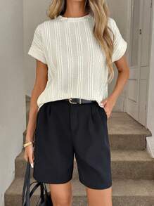 Easowa Camiseta básica de mujer de cuello redondo de manga corta con textura de rayas, top de punto casual de mujer, top de punto de mujer, top casual de negocios, estilo "Old Money" para mujer de negocios casuales, para mujer de noche/salida, tops de salida para mujer, para mujer en el aeropuerto, de vuelta al colegio, para profesoras, camisas de profesora