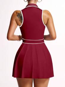 Easithlete Rochie sport fără mâneci cu guler parțial cu fermoar și pliuri în dungi pentru femei