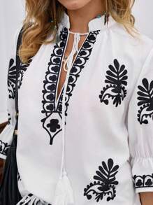 LanaWest Women's Summer High Collar Tied Puff Sleeve Embroidered Top And Elastic Waist Embroidered Shorts Two Pieces Set, Woven Fabric, Casual, Fashionable, Loose, Elegant - Multicolor - View 3