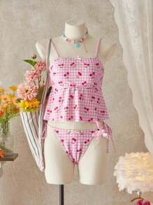 SHEIN Swim Women's Summer Vacation Cute Plaid Cherry Tankini - Multicolor - View 1