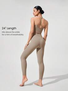 GLOWMODE Quần legging liền mạch lưng cao hình chữ Y mềm mại co giãn thấm mồ hôi Own The Glow 24" FeatherFit™ Quần tập yoga Pilates Barre Studio tác động thấp, mặc thường ngày - Màu Khaki - Xem 5
