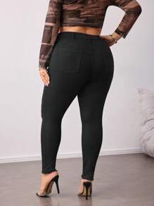 SHEIN CURVE+ Quần Jeans Ôm Vừa Cỡ Lớn Đa Năng Màu Trơn Co Giãn - màu đen - Xem 7