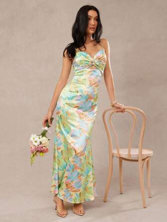 L'Amorae 优雅柔和花卉印花缎面扭纹前开襟无袖长裙，婚礼宾客礼服，春季服装，女士夏季服装