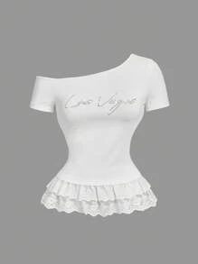 SHEIN MOD 1 件女式纯色水钻不对称肩部荷叶边下摆休闲上衣 - 白色 - 查看 1