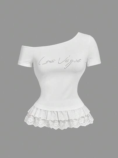 SHEIN MOD 1pc Women Solid Color Rhinestone Asymmetric Shoulder Ruffle Hem Casual Top, White Top, Lace Tops, Cute Tops,Back To School,Off The Shoulder Top