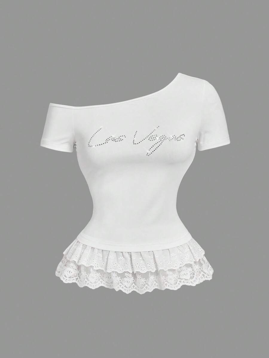 SHEIN MOD 1 件女式纯色水钻不对称肩部荷叶边下摆休闲上衣 - 白色 - 查看 1