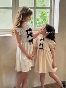 LMoss Kids LMoss Young Girl Woven Solid Color Round Neck Puff Sleeve Fitted Dress - Apricot - View 7