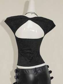 SHEIN ICON Áo thun hở lưng gợi cảm ren ghép cho nữ, áo phông đen cơ bản thường ngày - màu đen - Xem 2