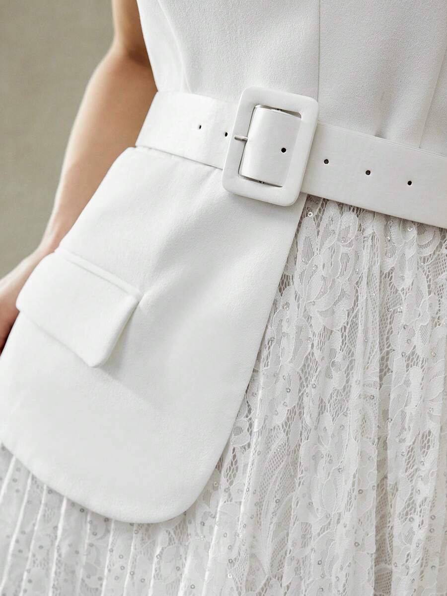 MOTF PREMIUM 尖领扣带腰带蕾丝褶饰二合一短款西装连衣裙 - 白色 - 查看 2