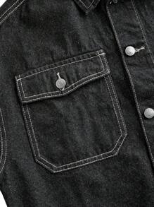 SHEIN Unity Women Single-Breasted Cargo Pocket Casual Loose Denim Jacket - Black - View 4