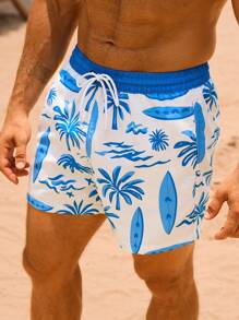 Surfspeed Herren Palmenbaum Muster Shorts mit Kordelzug in der Taille, Lässig Strandshorts - Blau - Übersicht 4