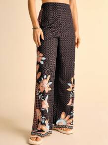 CAJUNI Floral Print Women's Casual Pants, Vacation Style - Black - View 3