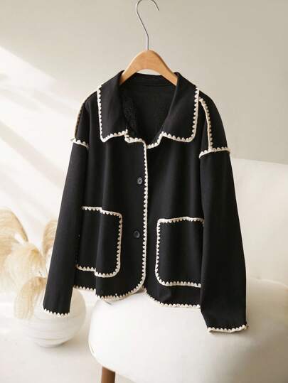 CosyJoli Plus Size Autumn/Winter Dog Tooth Edge Color Block Turndown Collar Square Short Woolen Coat Fall