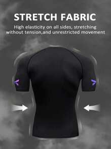 GymBeat Camiseta deportiva de manga corta de ajuste ceñido con estampado de letras para hombres, parte superior de gimnasio, camiseta de compresión transpirable de material elástico en 4 direcciones, que absorbe la humedad y es ligera, con diseño sin costuras y ajuste ceñido para entrenamiento en el gimnasio, camiseta de compresión para hombres - Negro - Ver 2