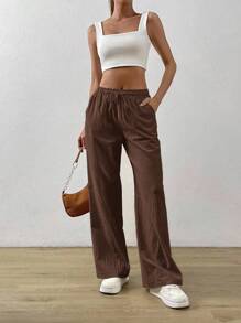SHEIN PETITE CURVE Plus Size Women Plain Belted Pockets Straight Leg Casual Pants Women Wide Leg Pants Brown Pants For Women Women Linen Pants Loose Pants For Women Women Casual Pants - Chocolate Brown - View 6