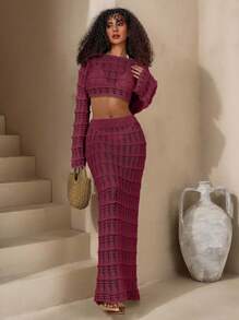 SHEIN Tall 2pcs Set Casual Hollow Out Long Sleeve Top & Skirt - Dusty Pink - View 1