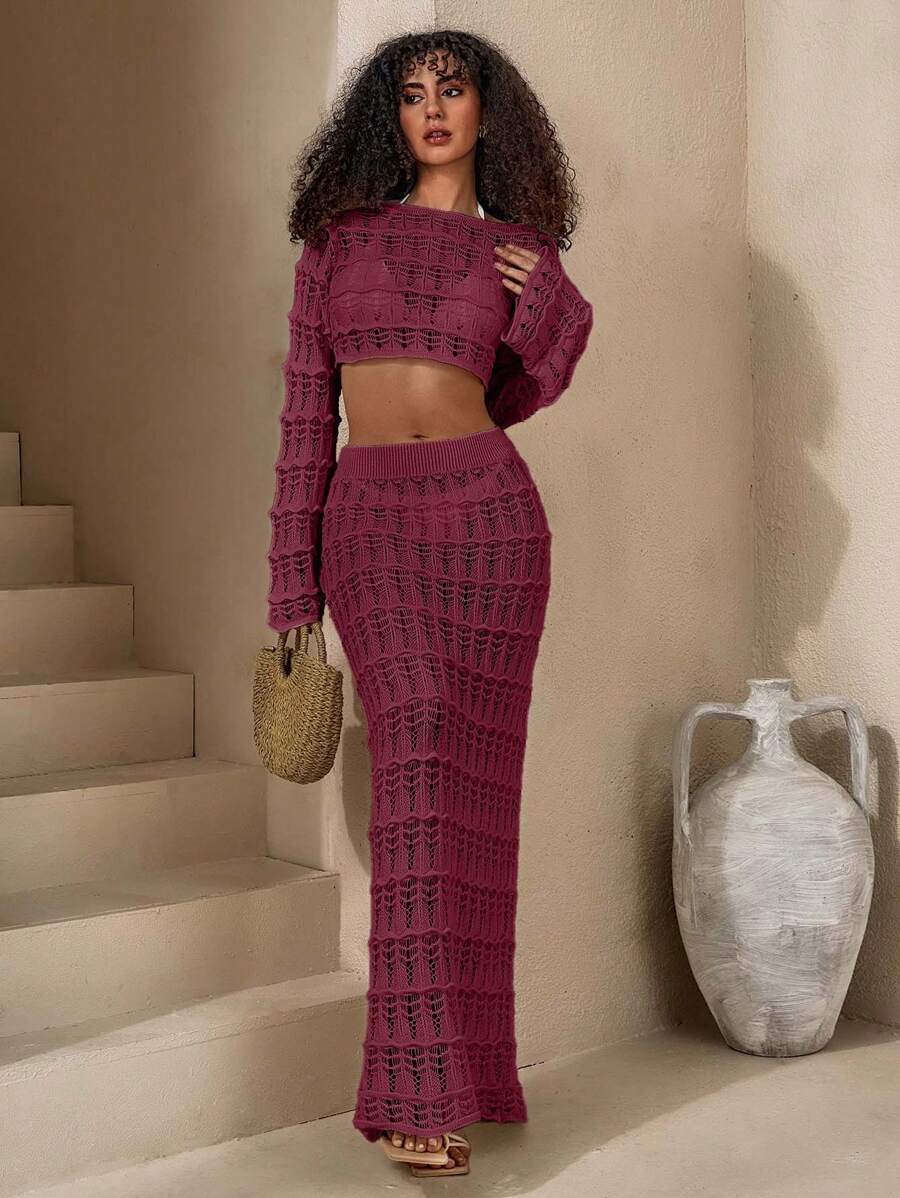 SHEIN Tall 2pcs Set Casual Hollow Out Long Sleeve Top & Skirt - Dusty Pink - View 1