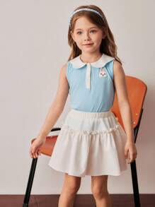 PrepCrw Kleine Mädchen Zweiteiler im Farbblock Design mit ärmelloser Bluse und Mini-Rock, Preppy Stil - Blau-Weiß - Übersicht 1