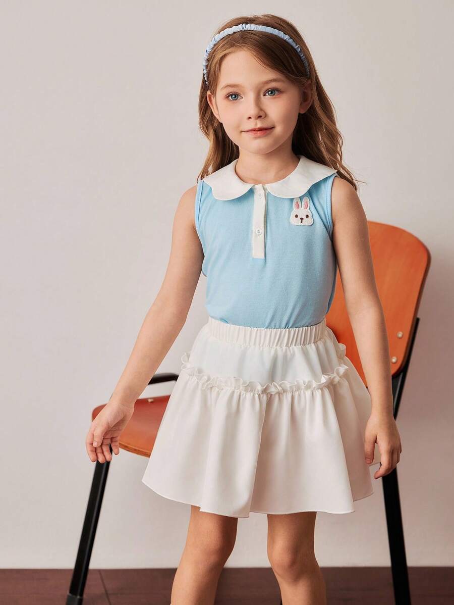PrepCrw Kleine Mädchen Zweiteiler im Farbblock Design mit ärmelloser Bluse und Mini-Rock, Preppy Stil - Blau-Weiß - Übersicht 1