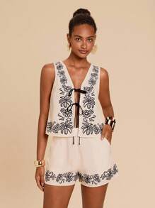 Travachic Conjunto de 2 peças de blusa curta e shorts femininos com estampa tropical casual para férias, estilo férias, estampa texturizada bordada, conjunto de 2 peças, conjunto de duas peças feminino, praia, boho, casual, simples, roupa ocidental para férias na ilha - Damasco - Ver 8
