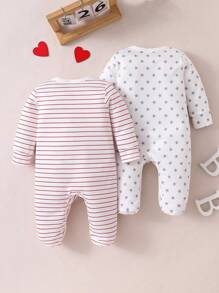 2 pièces Tenue de nuit et barboteuse à manches longues pour nouveau-nés avec imprimé minimaliste de cœur rayé et de lettre