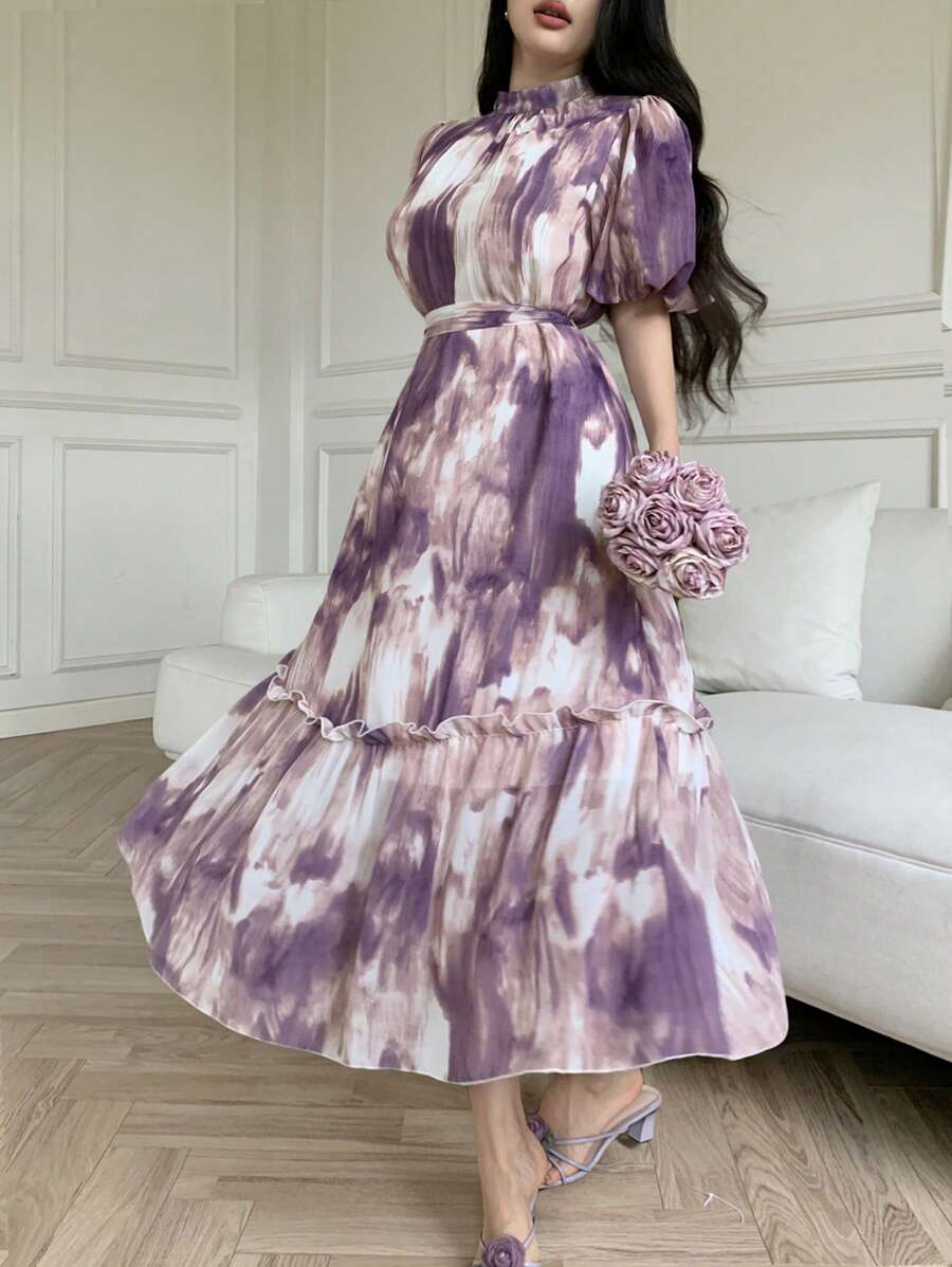 Modelyn 休闲扎染印花荷叶边下摆女式连衣裙