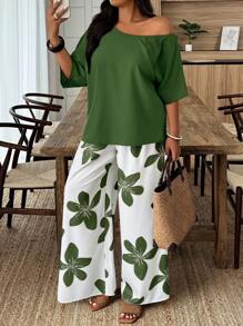 Weeklong Plus Size Women Holiday Solid Color Asymmetrical Shoulder Blouse And Floral Print Wide Leg Pants Loose Suit - Green - View 3