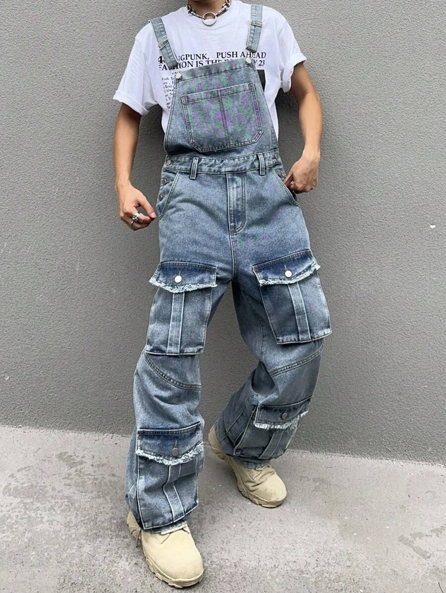 Manfinity EMRG 男士复古街头服饰说唱歌手纯色牛仔工装裤，带口袋，适合派对 - 藍色 - 查看 1