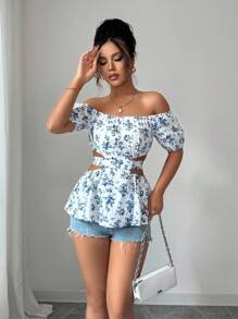 Rafferiza Women's Summer Holiday Off-Shoulder Cutout Waist Tie Blouse - Blue - View 4