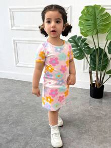 SHEIN Baby Mädchen Lässig anliegendes Kurzarm Strick Kleid mit buntem Blumen Muster