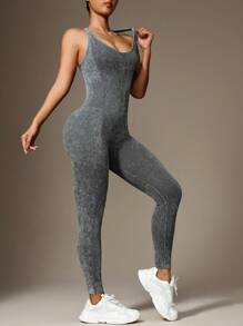Gameset SHEIN Sport Mono de mujer con cuello en V y espalda cruzada, lavado a piedra - Gris - Ver 4