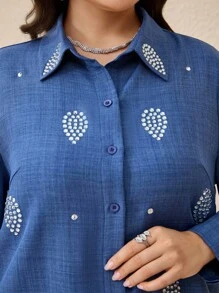 Veilorie 2pcs Plus Size Elegant Business Rhinestone Decor Shirt And Pants Set - Navy Blue - View 4