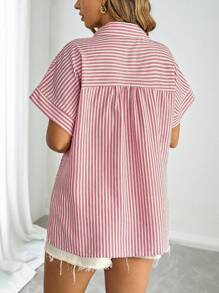 Flirla Plus Size Women Casual Loose Summer Striped Embroidered Shirt Blouse - Multicolor - View 2