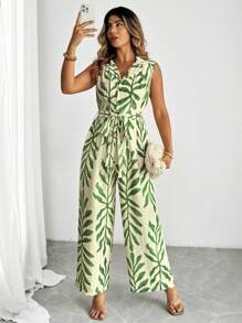 Flirla Women Plus Size Casual Floral Print Sleeveless Jumpsuit, Summer