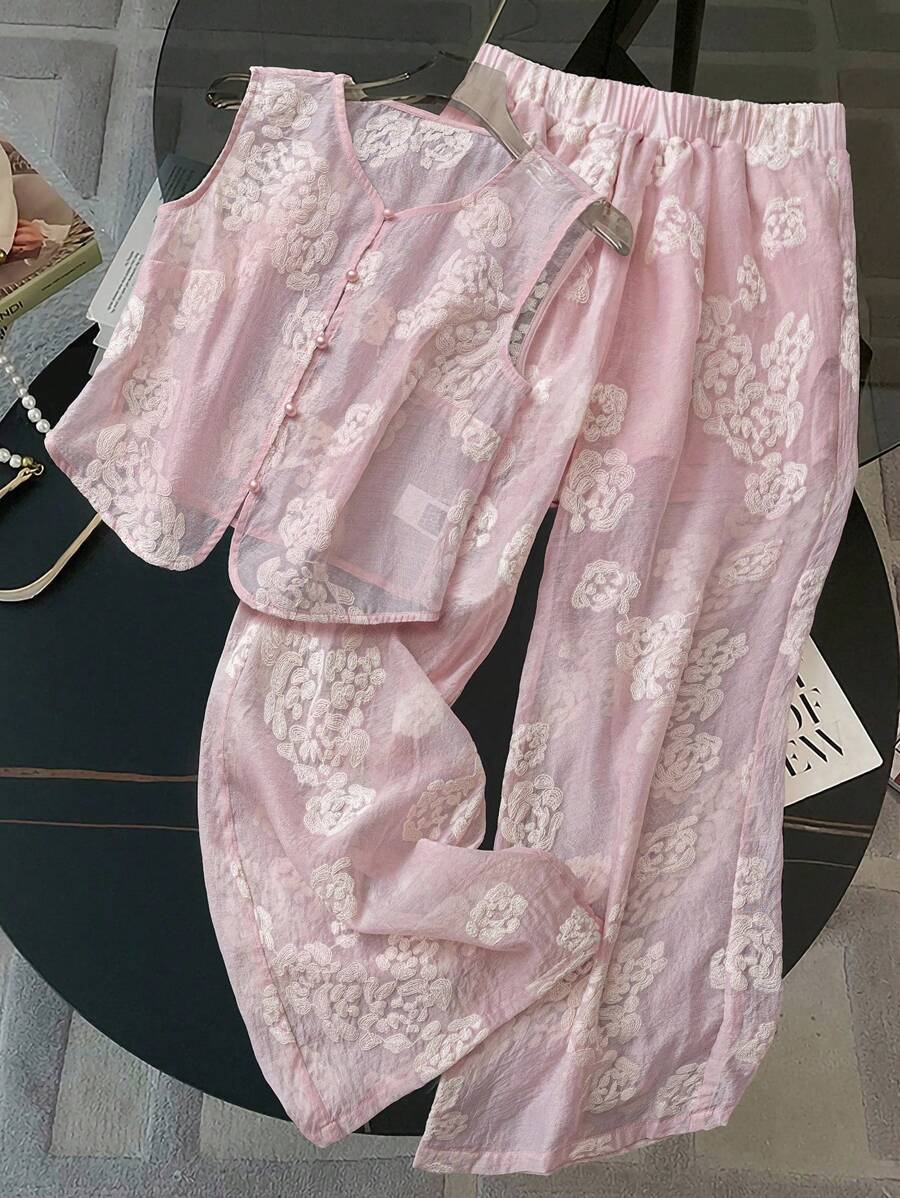 INAWLY 女士粉色刺绣纽扣上衣和裤子两件套 - 粉色 - 查看 1