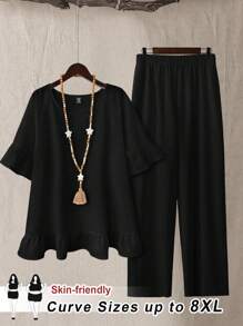 SHEIN CURVE+ 女式两件套简约休闲短袖娃娃衬衫 T 恤和裤子套装，加大码，适合夏季穿着夏季/乡村/海滩度假装/沙滩装/沙滩装 - 黑色 - 查看 1