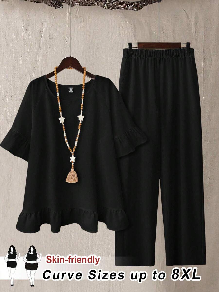 SHEIN CURVE+ 女式两件套简约休闲短袖娃娃衬衫 T 恤和裤子套装，加大码，适合夏季穿着夏季/乡村/海滩度假装/沙滩装/沙滩装 - 黑色 - 查看 1