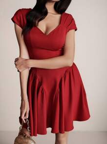 Modelyn Vestido corto casual de mujer con cuello en V y mangas raglán rojas, vestido de graduación de verano - Burdeos - Ver 1