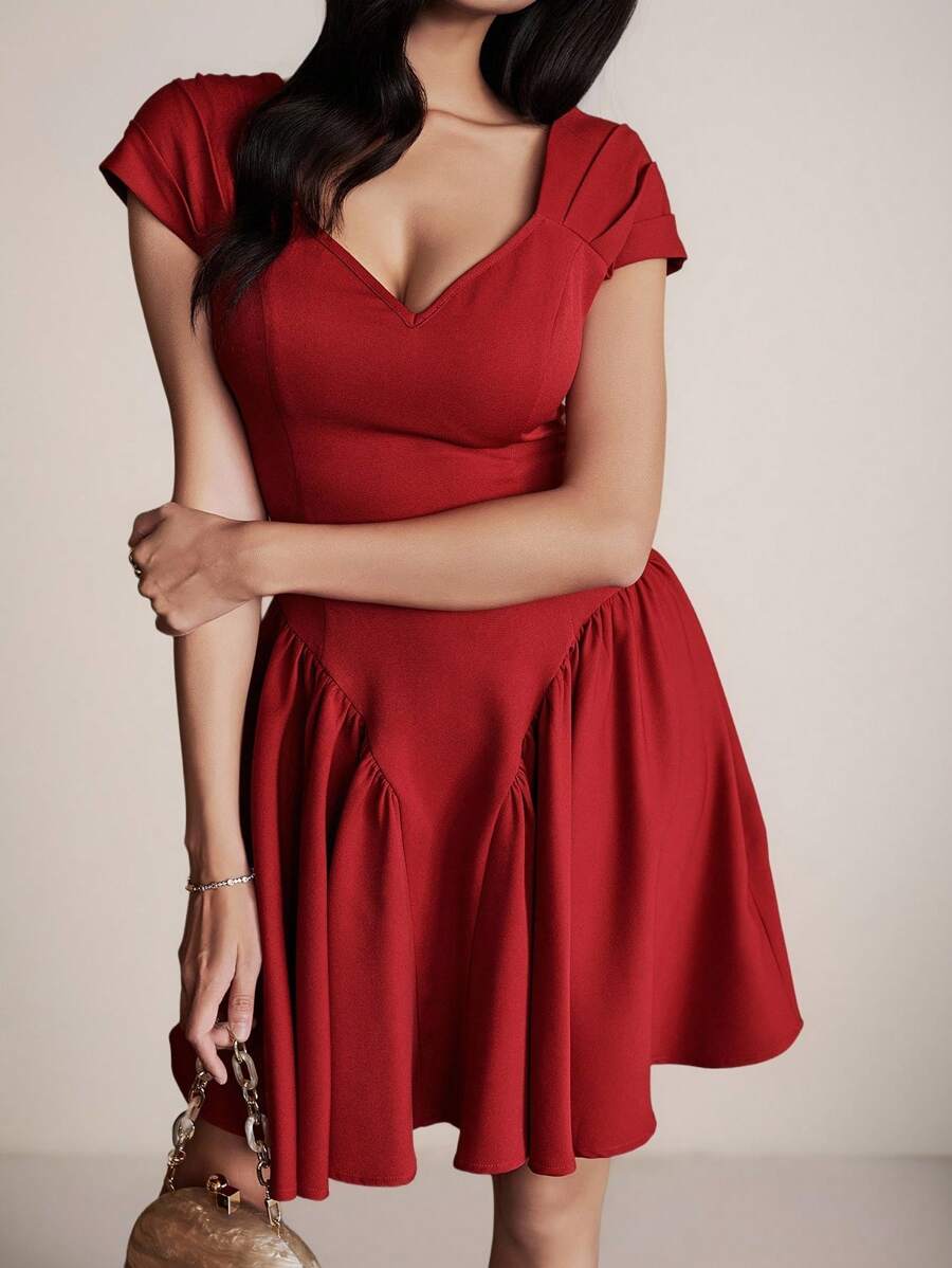 Modelyn Vestido corto casual de mujer con cuello en V y mangas raglán rojas, vestido de graduación de verano - Burdeos - Ver 1