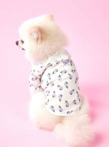 PETSIN Light Gray-Purple Cute Tulip Print Hollow Out Ruffle Design Breathable Lightweight Casual Shirt, Suitable For Outings & Pet Leash, Spring/Summer - Dusty Purple - View 3