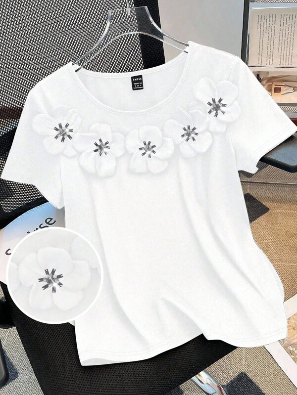 Chiquease 标准尺寸女式纯色圆领 3D 花卉图案修身休闲 T 恤