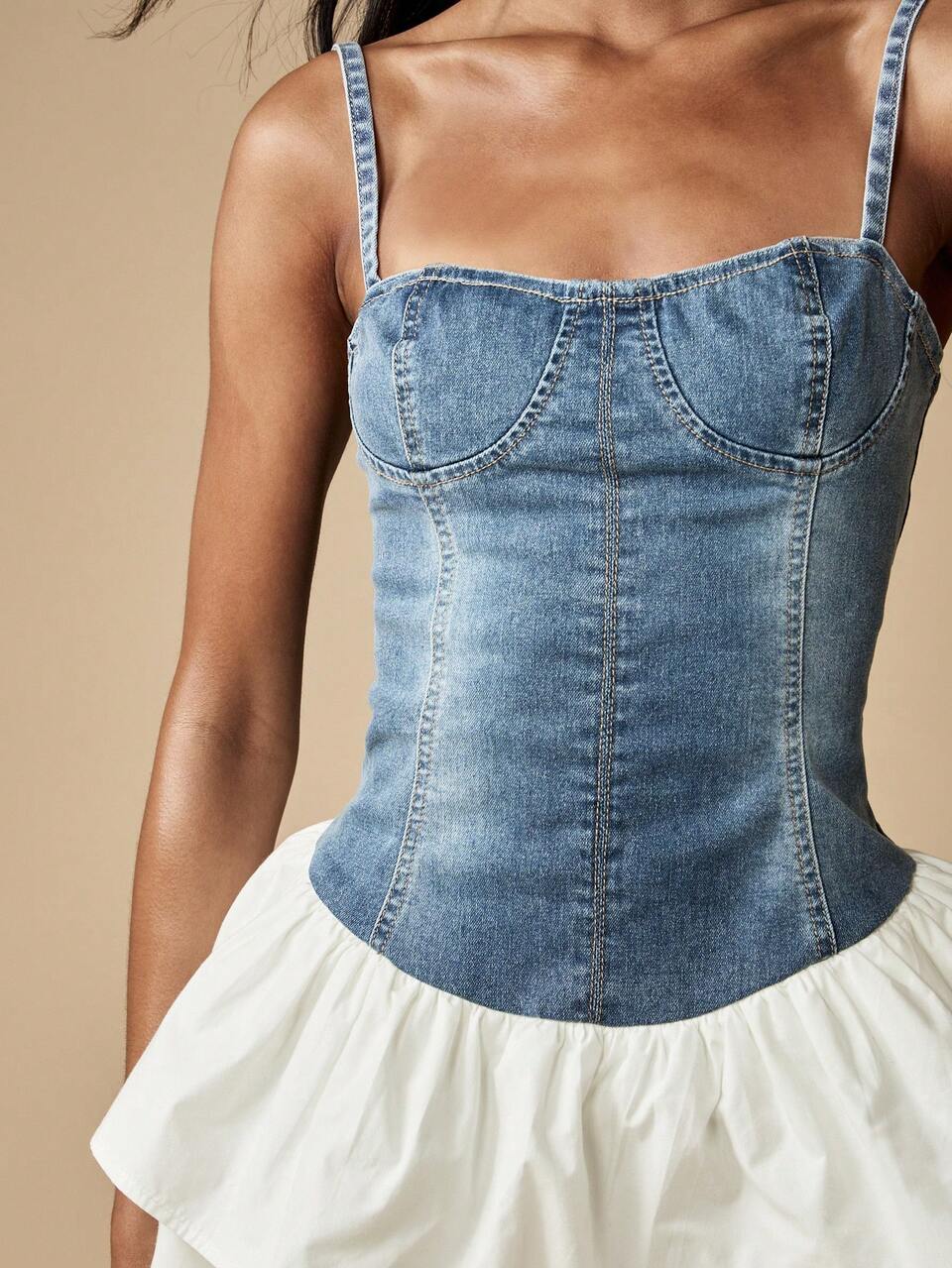 MISSGUIDED Denim Corset Mini Dress Tiered Ruffle Skirt Summer Party Sundress Peplum Fit And Flare Princess Style Wedding Guest Reception Fashion