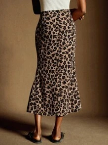 Écloséra 女士中腰豹纹鱼尾下摆半身裙，优雅 - 棕色 - 查看 2