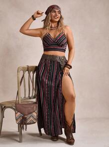 Freevana Plus Size Vacation Camisole & Elastic Waist High Slit Skirt 2pcs Set,Holiday Outfits Boho