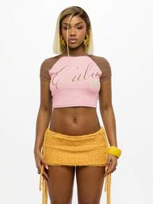 SUMWON WOMEN Áo thun cotton crop top raglan tay ngắn thời trang có thiết kế mặc mùa hè thể thao giản dị họa tiết - Màu Hồng baby - Xem 1
