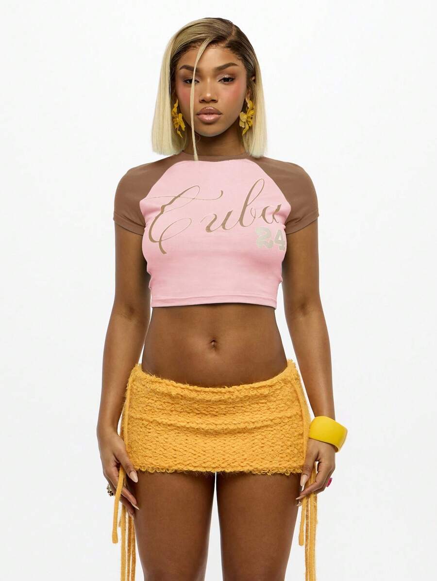SUMWON WOMEN Áo thun cotton crop top raglan tay ngắn thời trang có thiết kế mặc mùa hè thể thao giản dị họa tiết - Màu Hồng baby - Xem 1