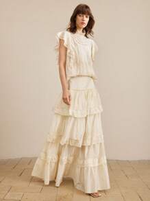 Ontre Blusa de mujer con volantes, manga con volantes, unicolor, elegante y de moda para primavera/verano, adecuada para exteriores, playa, estilo bohemio de vacaciones, popular en verano, festival de música country, estilo occidental, tela de alta calidad, cómoda y versátil - Albaricoque - Ver 6