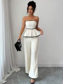 Selianne 2pcs Women Flowers Ruffled Bandeau Top And Pants Set - Beige - View 3