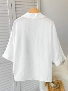 SHEIN Tween Girls Casual Solid White Loose Fitting Batwing 3/4 Sleeve Blouse - White - View 2